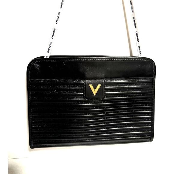 Vintage Valentino Garavani Leather Clutch Shoulder Bag Hand Bag Logo Black - Picture 8 of 11